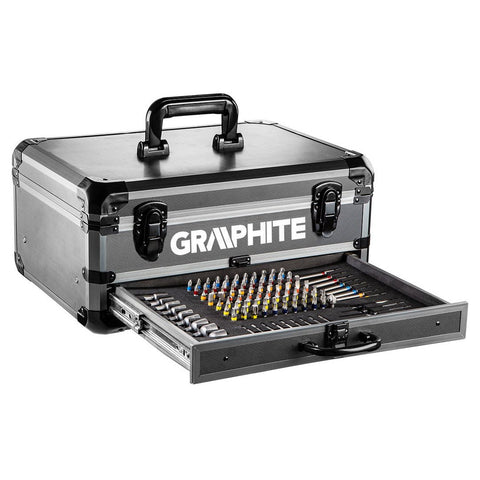 GRAPHITE 58G022-PS15 Akkus fúró Energy+, 2db akku+töltő!, 18V/2Ah, 10mm + alu koffer + 109 kiegészítő, levehető fúrótokmány
