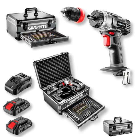 GRAPHITE 58G022-PS15 Akkus fúró Energy+, 2db akku+töltő!, 18V/2Ah, 10mm + alu koffer + 109 kiegészítő, levehető fúrótokmány