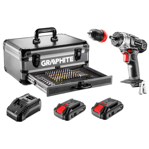 GRAPHITE 58G022-PS15 Akkus fúró Energy+, 2db akku+töltő!, 18V/2Ah, 10mm + alu koffer + 109 kiegészítő, levehető fúrótokmány