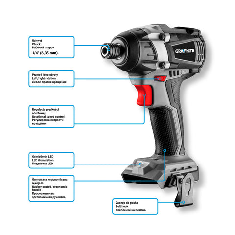 GRAPHITE 58G024 Akkus szénkefementes ütvecsavarozó 1/4"(hatszög), Energy+, 18V, 200Nm, akku nélkül!!!