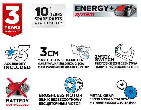GRAPHITE 58G029 Akkus szénkefementes metszőolló, ágvágó, max. 30mm vágás, Energy+ 18V, akku nélkül!!!