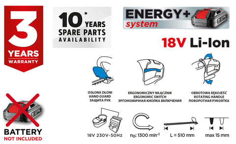 GRAPHITE 58G032 Akkus sövényvágó Energy+, 18V, 510mm, akku nélkül!!!