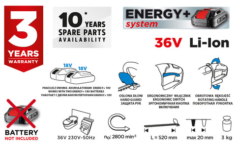 GRAPHITE 58G042 Akkus sövényvágó, Energy+, 36V(2x18V), 520mm, akku nélkül!!!