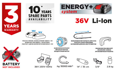 GRAPHITE 58G043 Akkus szénkefementes láncfűrész Energy+, 36V(2x18V), 14" (350mm), akku nélkül!!!