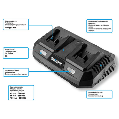 GRAPHITE 58G085 Dupla akkumulátortöltő Energy+ egyakkus rendszerhez