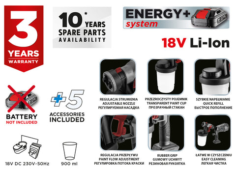 GRAPHITE 58GE103 Akkus festékszóró pisztoly HVLP Energy+, 18V, max. viszkozitás 60DIN, 700ml/p, 243W, akku nélkül!!!