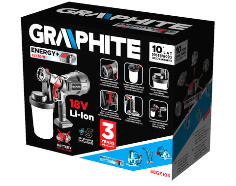 GRAPHITE 58GE103 Akkus festékszóró pisztoly HVLP Energy+, 18V, max. viszkozitás 60DIN, 700ml/p, 243W, akku nélkül!!!