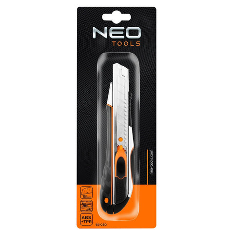 NEO TOOLS 63-050 Törhető pengés kés 18mm, autómata penge rejtés, fém vezetősín