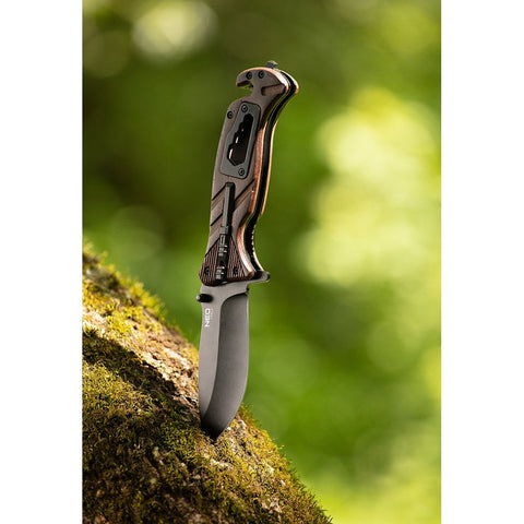 NEO TOOLS 63-107 Összecsukható Túlélőkés, 22cm, 6 az 1-ben: kés, síp, kovakő, csavarkulcs, szíjvágó, üvegtörő, penge: 9cm