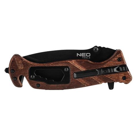 NEO TOOLS 63-107 Összecsukható Túlélőkés, 22cm, 6 az 1-ben: kés, síp, kovakő, csavarkulcs, szíjvágó, üvegtörő, penge: 9cm