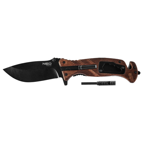 NEO TOOLS 63-107 Összecsukható Túlélőkés, 22cm, 6 az 1-ben: kés, síp, kovakő, csavarkulcs, szíjvágó, üvegtörő, penge: 9cm