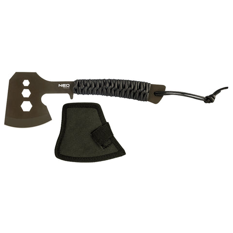 NEO TOOLS 63-118 Multifunkciós balta, rozsdamentes acél, teljes hossz 26cm, penge: 8cm, Paracord markolat, csavarkulcs funkció