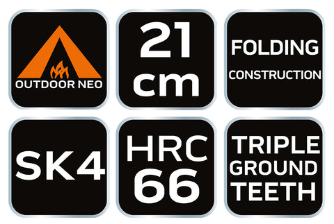 NEO TOOLS 63-120 Túlélő kézifűrész, 21cm, összecsukható, Penge vastagság 0,85mm, 66HRC, 3 soros pengefelépítés