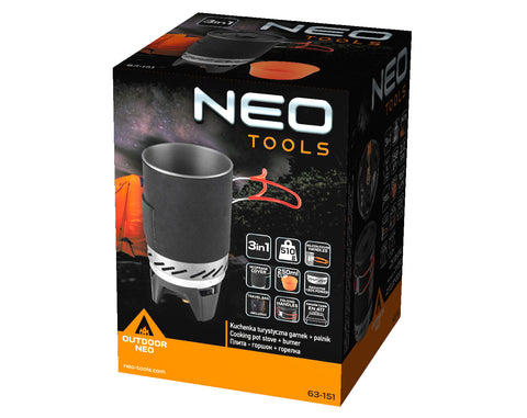 NEO TOOLS 63-151 Kemping főzőkészlet: alu edény, gázégő, műanyag tál, 3az1-ben