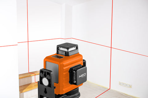 NEO TOOLS 75-104 Lézeres szintező, 3D önbeálló keresztvonallézer, 3x360 fokos, 15m, mágneses tartó, céltábla, koffer, piros