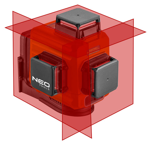 NEO TOOLS 75-104 Lézeres szintező, 3D önbeálló keresztvonallézer, 3x360 fokos, 15m, mágneses tartó, céltábla, koffer, piros