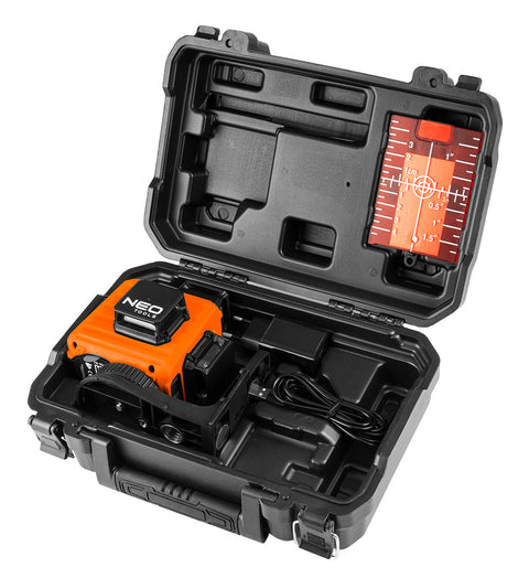 NEO TOOLS 75-104 Lézeres szintező, 3D önbeálló keresztvonallézer, 3x360 fokos, 15m, mágneses tartó, céltábla, koffer, piros