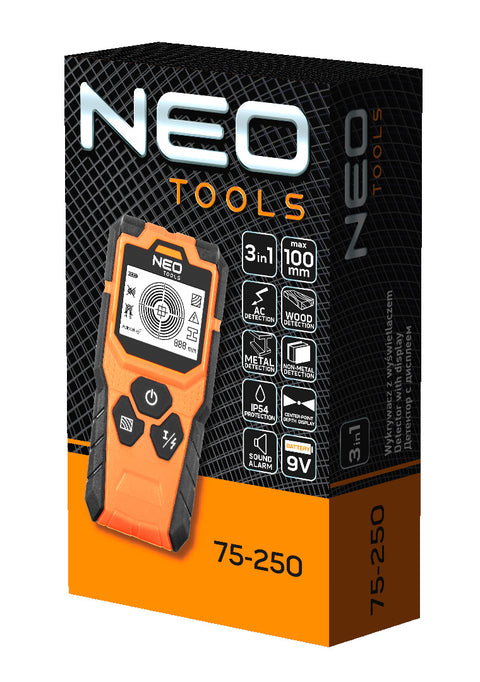 NEO TOOLS 75-250 Faldetektor, 3az1-ben, fém, fa, feszültség