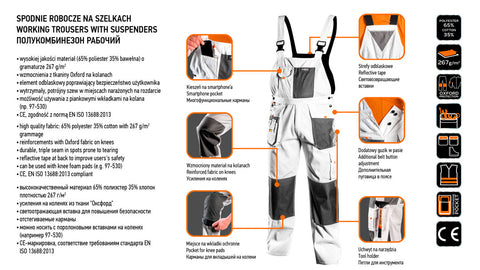 NEO TOOLS 81-140-XXL Kantáros munkanadrág, HD, fehér XXL/58