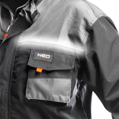 NEO TOOLS 81-210-XL Munkadzseki, HD, XL/56 65% poliészter, 35% pamut, 267g/m2, vékony fényvisszaverő csíkok