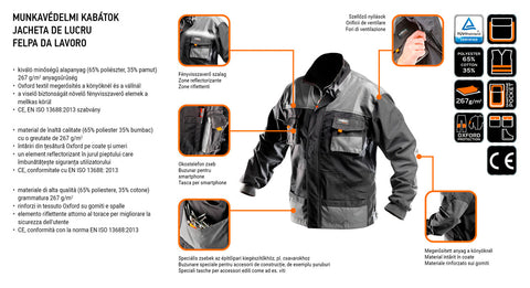 NEO TOOLS 81-210-XXL Munkadzseki, HD, XXL/58 65% poliészter, 35% pamut, 267g/m2, vékony fényvisszaverő csíkok