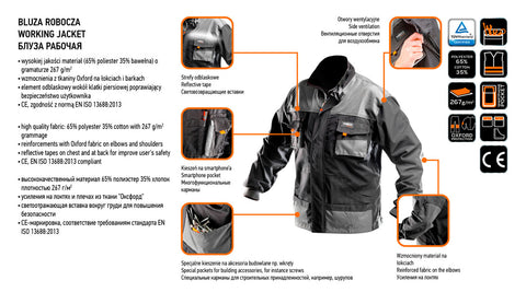 NEO TOOLS 81-210-XXL Munkadzseki, HD, XXL/58 65% poliészter, 35% pamut, 267g/m2, vékony fényvisszaverő csíkok