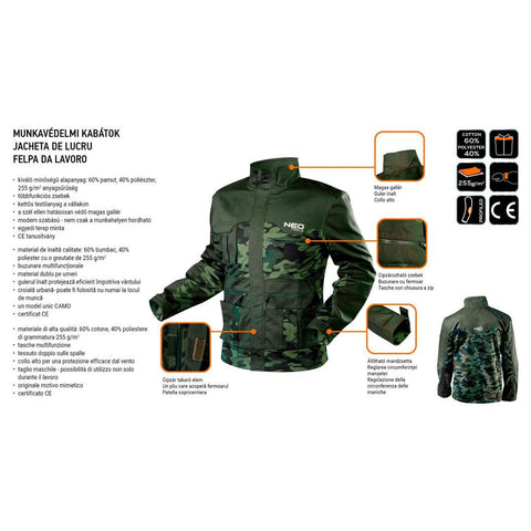 NEO TOOLS 81-211-XXXL Munkadzseki terepmintás, CAMO, 60% pamut, 40% polyester, 255 g/m2, XXXL