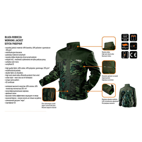 NEO TOOLS 81-211-XXXL Munkadzseki terepmintás, CAMO, 60% pamut, 40% polyester, 255 g/m2, XXXL