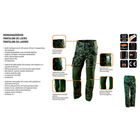NEO TOOLS 81-221-XXXL Munkanadrág terepmintás, CAMO, 60% pamut, 40% polyester, 255 g/m2, XXXL