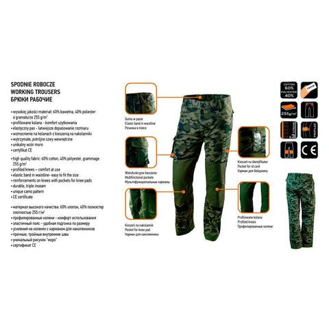 NEO TOOLS 81-221-XXXL Munkanadrág terepmintás, CAMO, 60% pamut, 40% polyester, 255 g/m2, XXXL