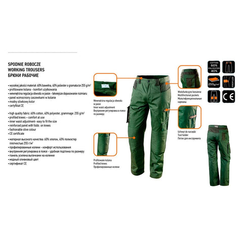 NEO TOOLS 81-222-XXXL Munkanadrág olíva, CAMO, 60% pamut, 40% polyester, 255 g/m2, XXXL