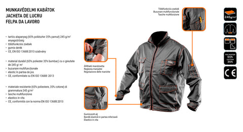 NEO TOOLS 81-410-LD Munkakabát, BASIC, L/54, 35% pamut, 65% polyester, Többfunkciós zsebek, gumírozott derék, CE EN341