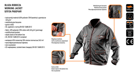 NEO TOOLS 81-410-M Munkakabát, BASIC, M/50, 35% pamut, 65% polyester, Többfunkciós zsebek, gumírozott derék, CE EN341