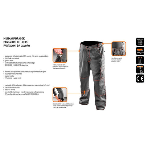 NEO TOOLS 81-420-LD Munkanadrág, BASIC, L/54, 35% pamut, 65% polyester, 245 g/m2, Többfunkciós zsebek, térdprotektor zseb, LD