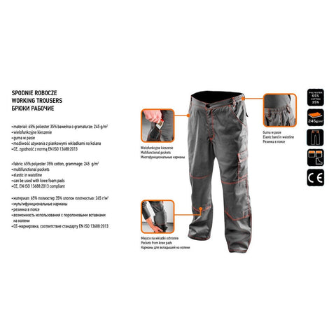NEO TOOLS 81-420-M Munkanadrág, BASIC, M/50, 35% pamut, 65% polyester, 245 g/m2, Többfunkciós zsebek, térdprotektor zseb, M