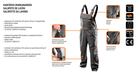 NEO TOOLS 81-430-M Munkanadrág, kantáros, BASIC, M/50, 35% pamut, 65% polyester, 245 g/m2, térdprotektor zseb, M
