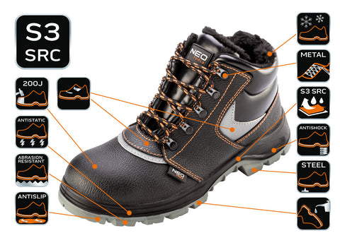 NEO TOOLS 82-142 Munkabakancs, hőszigetelt, vízálló, bőr, S3SRC, acélbetéttel, béléssel, 41
