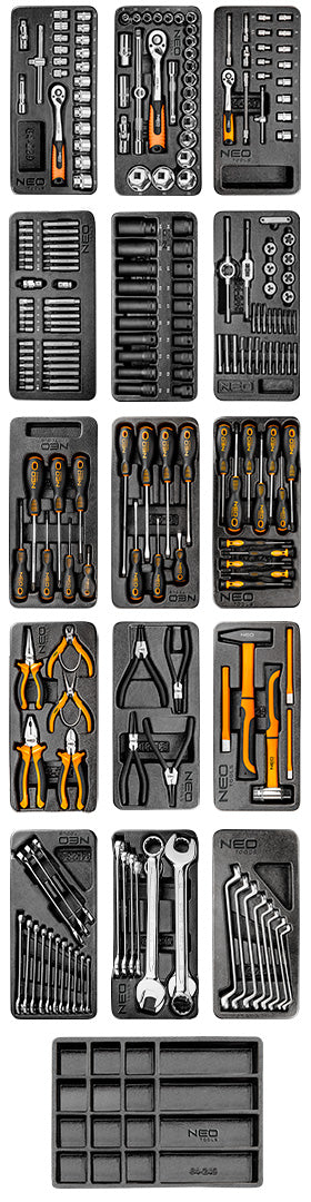NEO TOOLS 84-225+G Műhelykocsi PRO, 12 fiókos, 229 szerszámmal, szerszámkocsi