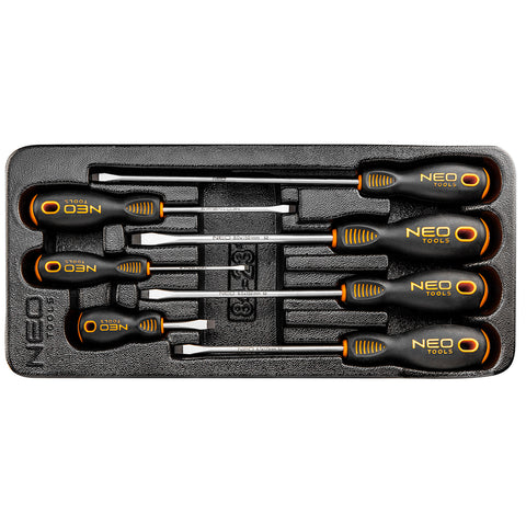 NEO TOOLS 84-231 Csavarhúzó készlet, lapos 7db, műhelykocsitálcával