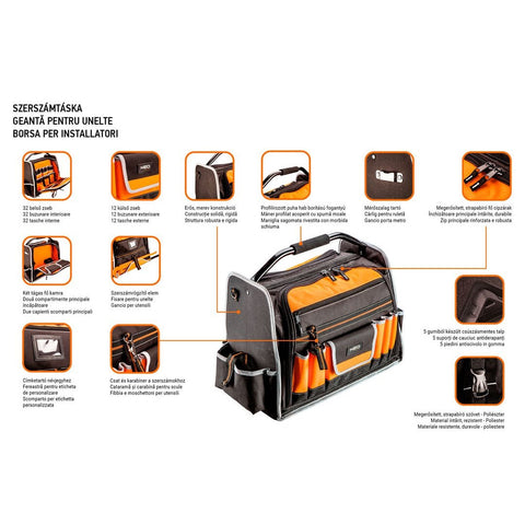 NEO TOOLS 84-301 Szerszámtáska csőalakú fém fogantyúval, kívül:12 zseb, belül:32 zseb