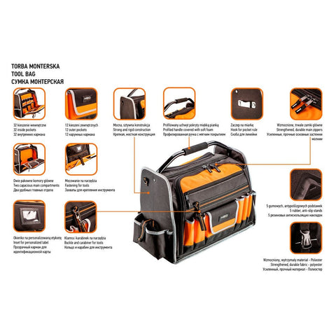 NEO TOOLS 84-301 Szerszámtáska csőalakú fém fogantyúval, kívül:12 zseb, belül:32 zseb