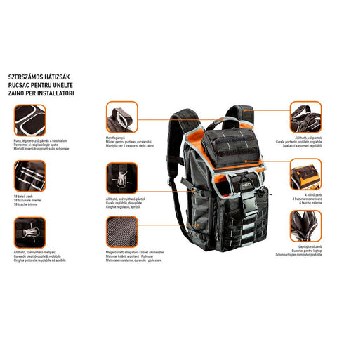 NEO TOOLS 84-304 Szerszámos hátizsák, kívül:4 zseb, belül:18 zseb