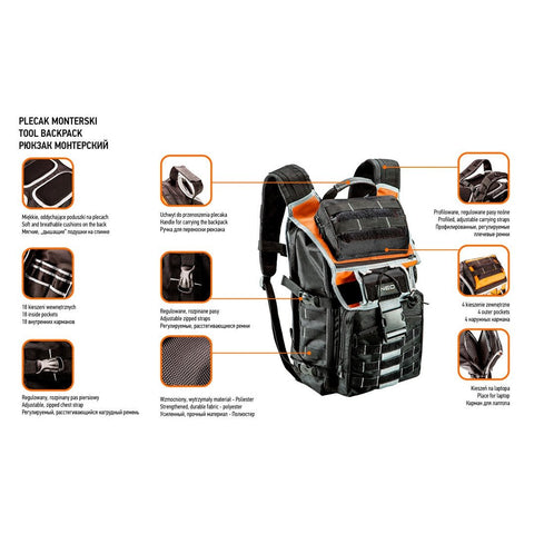 NEO TOOLS 84-304 Szerszámos hátizsák, kívül:4 zseb, belül:18 zseb