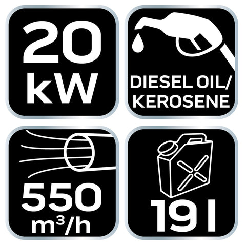 NEO TOOLS 90-080 Gázolajos hőlégbefúvó, 20kW, 19l, fogyasztás: 1.9l / h, teljesítmény: 550 m3 / h