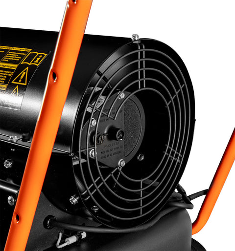 NEO TOOLS 90-082 Gázolajos hőlégbefúvó, 50kW, 50l, fogyasztás: 4.7l / h, teljesítmény: 1100 m3 / h, kerekekkel