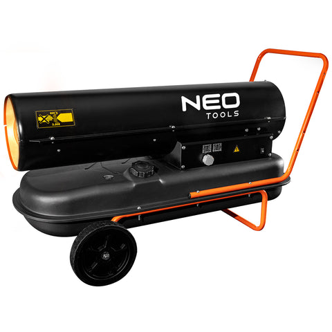 NEO TOOLS 90-082 Gázolajos hőlégbefúvó, 50kW, 50l, fogyasztás: 4.7l / h, teljesítmény: 1100 m3 / h, kerekekkel