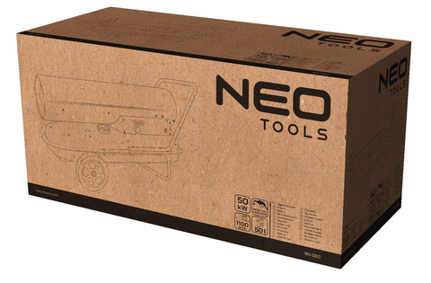 NEO TOOLS 90-082 Gázolajos hőlégbefúvó, 50kW, 50l, fogyasztás: 4.7l / h, teljesítmény: 1100 m3 / h, kerekekkel