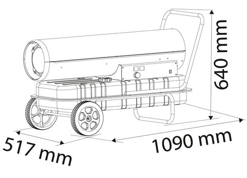 NEO TOOLS 90-082 Gázolajos hőlégbefúvó, 50kW, 50l, fogyasztás: 4.7l / h, teljesítmény: 1100 m3 / h, kerekekkel