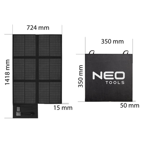 NEO TOOLS 90-141 Hordozható napelem, napelemes töltő, 120W, 12V-os akku, telefon, laptop töltésre, 2db USB csatlakozó