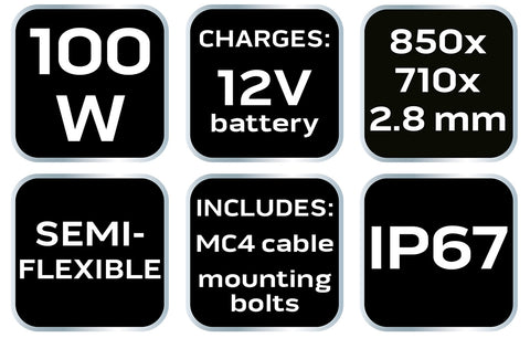 NEO TOOLS 90-143 Hordozható napelem, napelemes töltő, 100W, IP67, 12V-os akku, telefon, laptop töltésre, 2db USB csatlakozó